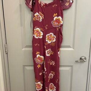 LOFT Burgundy Floral Jumpsuit